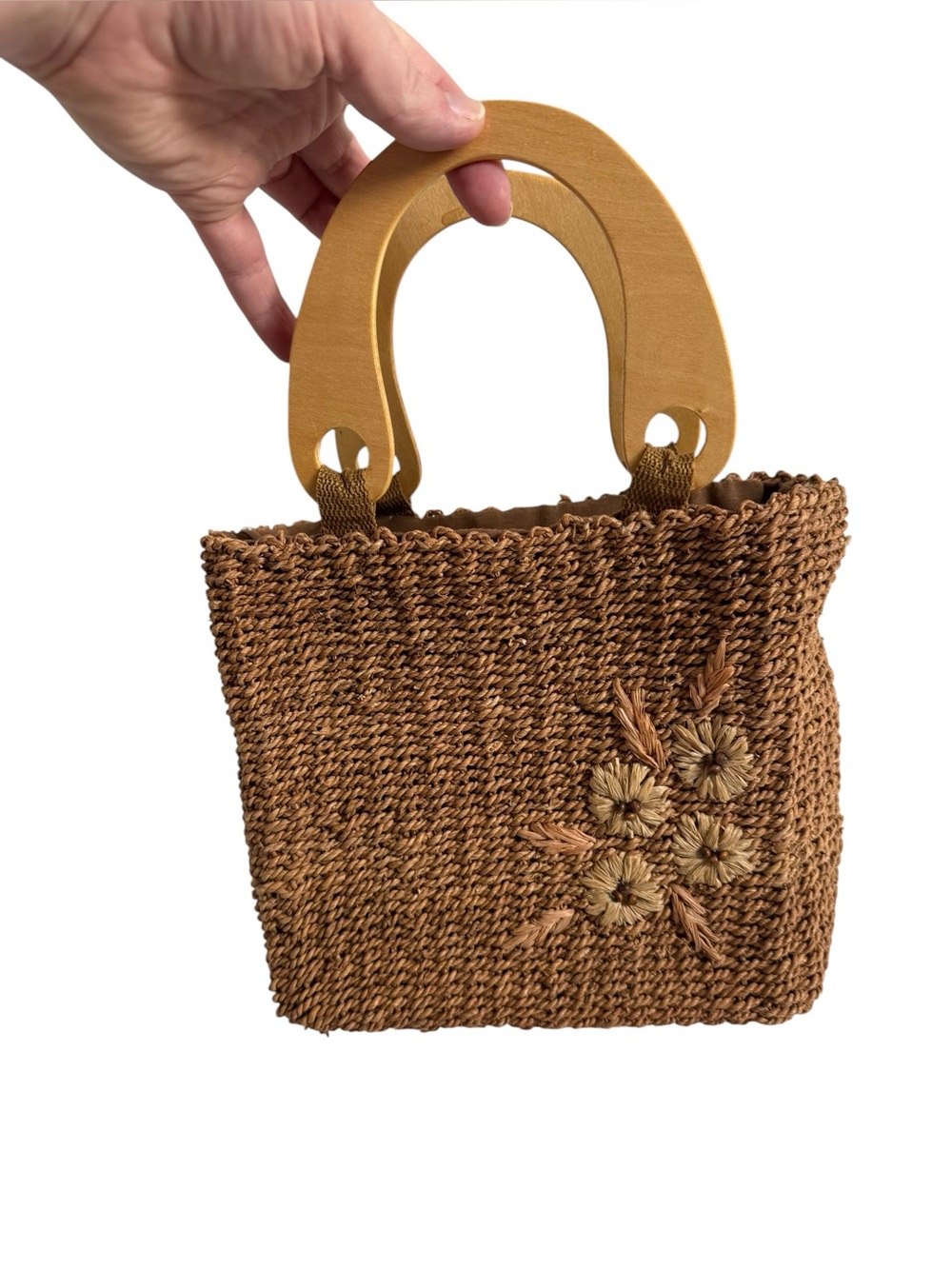 Woven Straw Accent Tote Bag with Wooden Handles - Brown